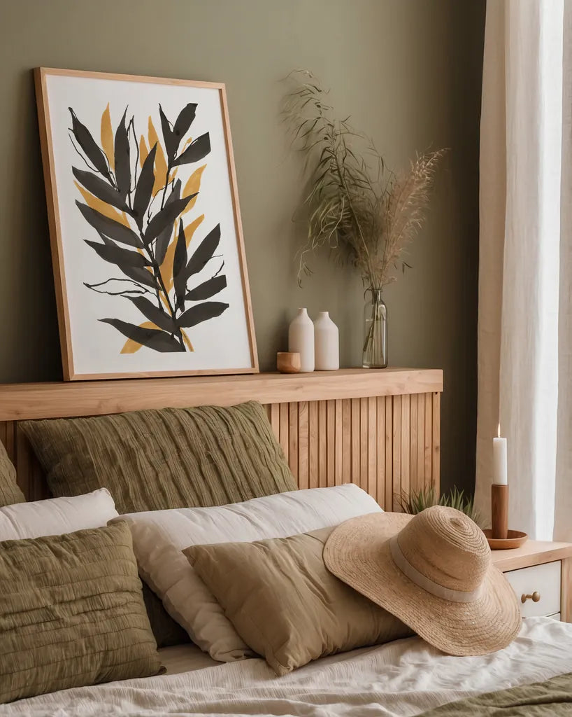 Amber Palm III by Chris Paschke. shown as a paper print in a natural frame. Available as a archival giclee rolled canvas, fine art paper, or poster print. SKU 76326h.