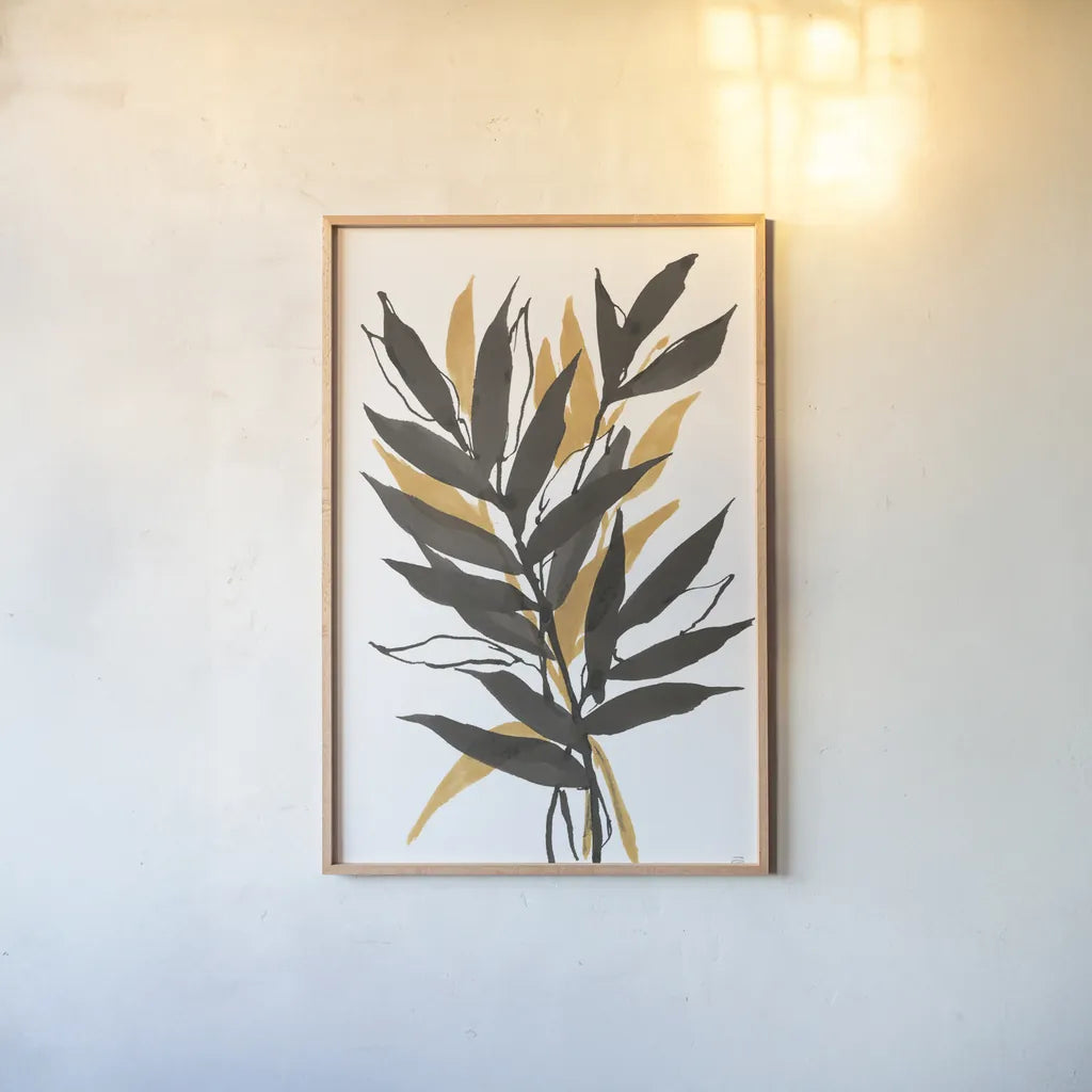 Amber Palm III by Chris Paschke. shown as a paper print in a natural frame. Available as a archival giclee rolled canvas, fine art paper, or poster print. SKU 76326h.