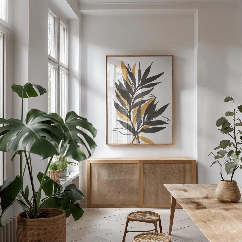 Amber Palm IV by Chris Paschke. shown as a print in a natural wood frame in a dining room. Available as a archival giclee rolled canvas, fine art paper, or poster print. SKU 76327h.