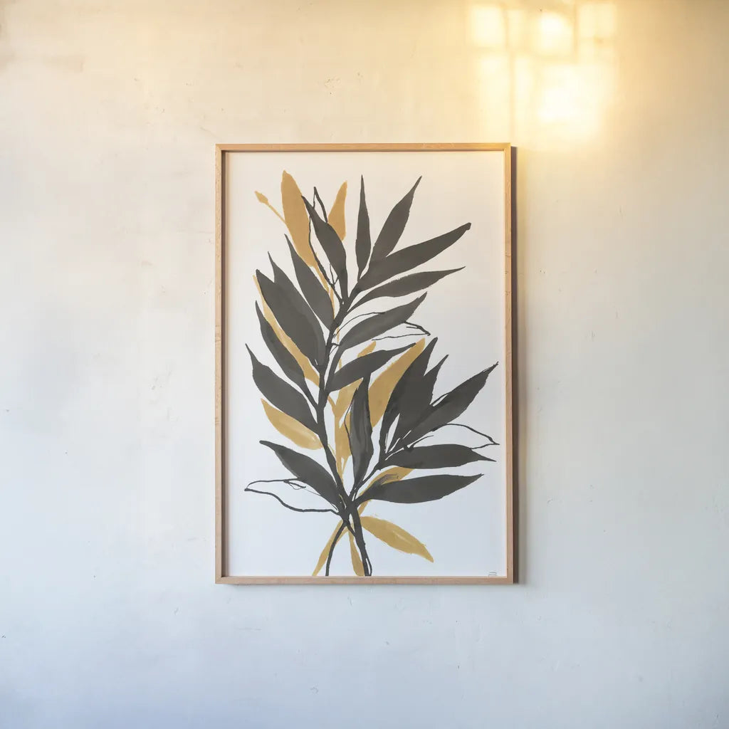 Amber Palm IV by Chris Paschke. shown as a paper print in a natural frame. Available as a archival giclee rolled canvas, fine art paper, or poster print. SKU 76327h.