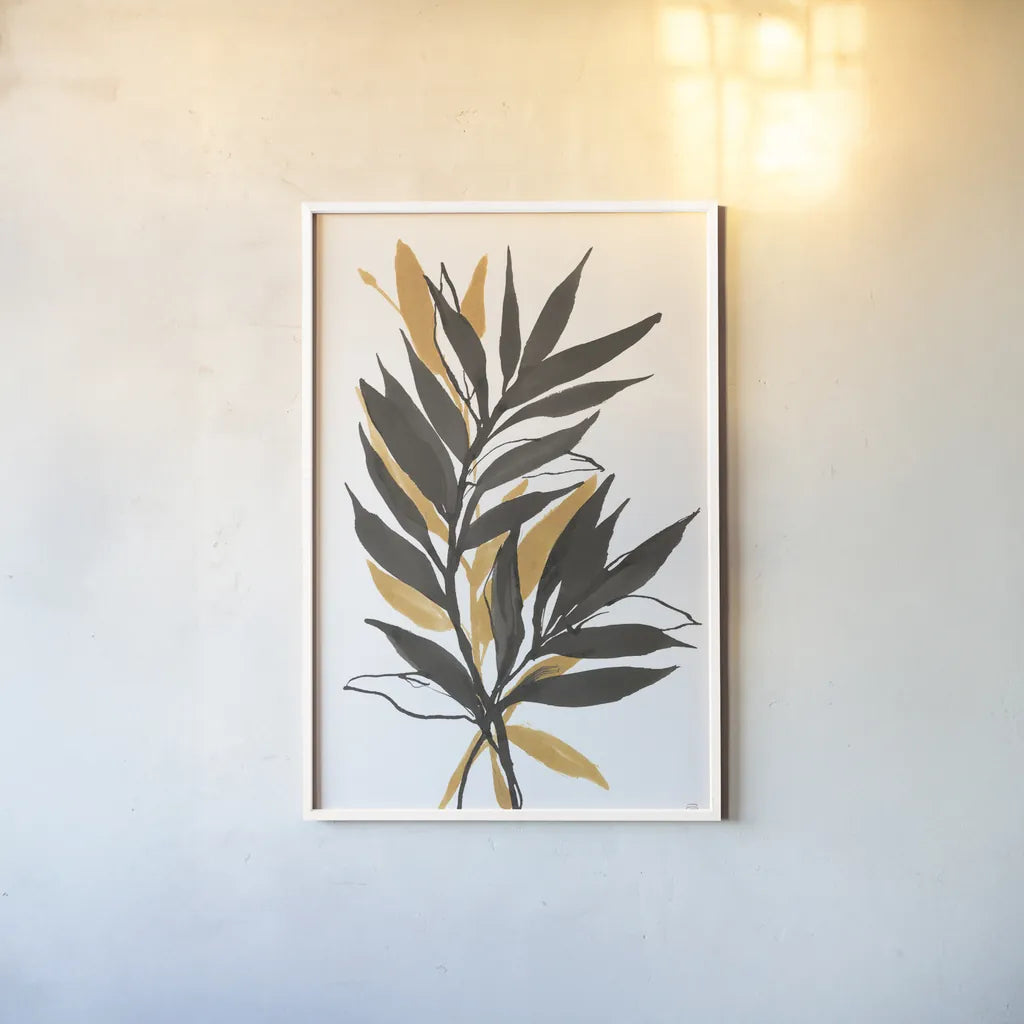 Amber Palm IV by Chris Paschke. shown as a paper print in a white frame. Available as a archival giclee rolled canvas, fine art paper, or poster print. SKU 76327h.
