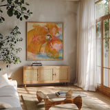 Amber Wash I by Chris Paschke. Shown in a natural wood frame in a cozy modern living room. Available as an archival giclee rolled canvas, fine art paper, or poster print. SKU 59994a.