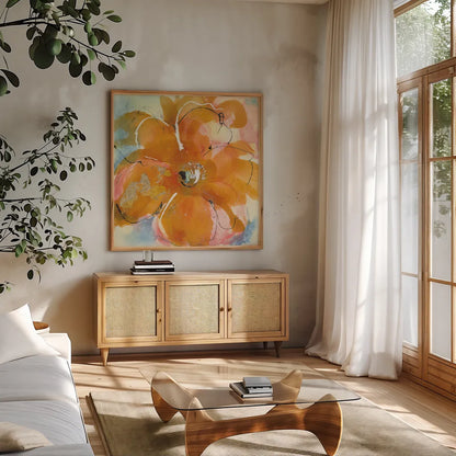Amber Wash II by Chris Paschke. Shown in a natural wood frame in a cozy modern living room. Available as an archival giclee rolled canvas, fine art paper, or poster print. SKU 59995a.