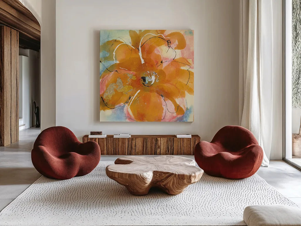 Amber Wash II by Chris Paschke. Shown as extra-large giant wall art in a modern living room. Available as an archival giclee rolled canvas, fine art paper, or poster print. SKU 59995a.