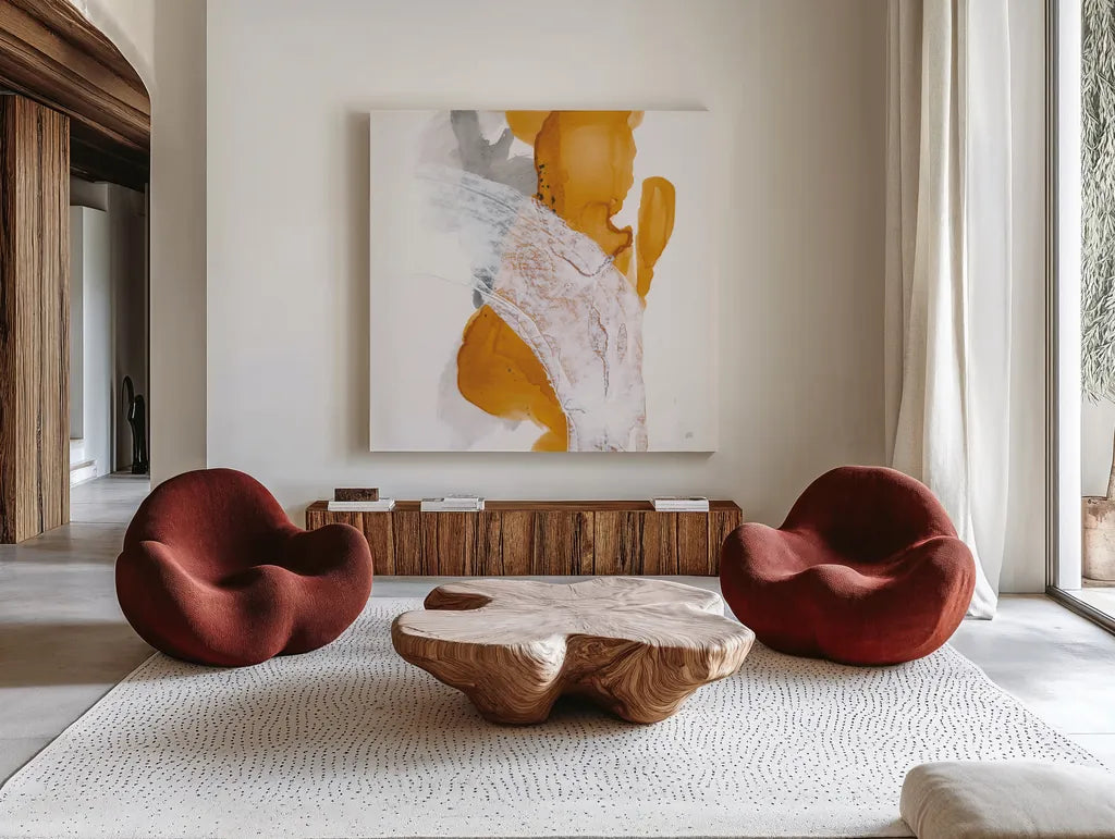 Amber Wash II by Chris Paschke. Shown as extra-large giant wall art in a modern living room. Available as an archival giclee rolled canvas, fine art paper, or poster print. SKU 71908a.