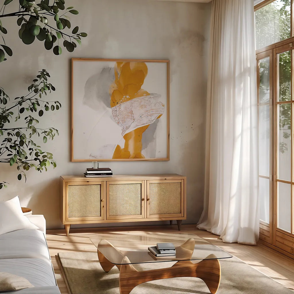 Amber Wash III by Chris Paschke. Shown in a natural wood frame in a cozy modern living room. Available as an archival giclee rolled canvas, fine art paper, or poster print. SKU 71909a.