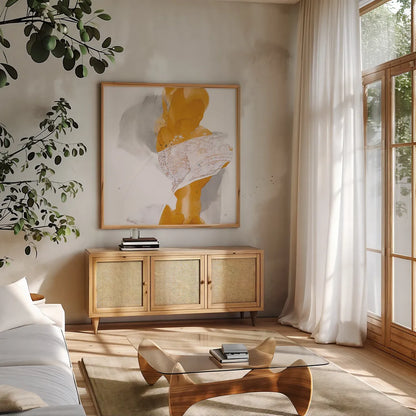 Amber Wash III by Chris Paschke. Shown in a natural wood frame in a cozy modern living room. Available as an archival giclee rolled canvas, fine art paper, or poster print. SKU 71909a.