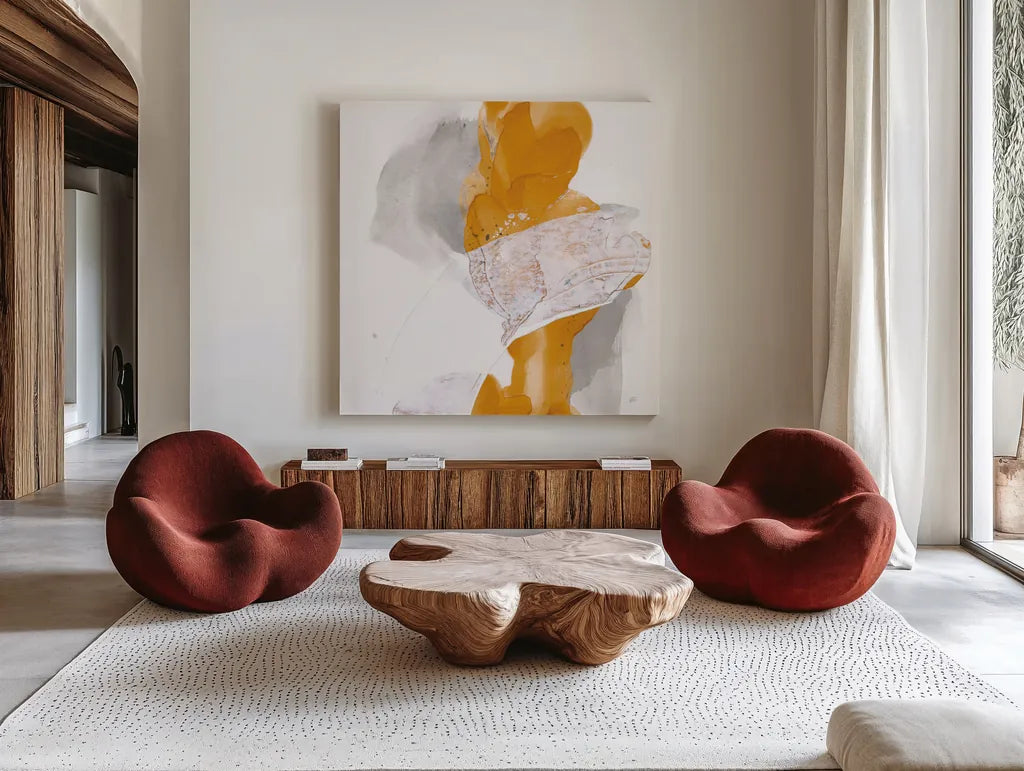 Amber Wash III by Chris Paschke. Shown as extra-large giant wall art in a modern living room. Available as an archival giclee rolled canvas, fine art paper, or poster print. SKU 71909a.