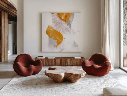 Amber Wash IV by Chris Paschke. Shown as extra-large giant wall art in a modern living room. Available as an archival giclee rolled canvas, fine art paper, or poster print. SKU 71910a.