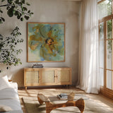 Amber and Leaf I by Chris Paschke. Shown in a natural wood frame in a cozy modern living room. Available as an archival giclee rolled canvas, fine art paper, or poster print. SKU 59996a.