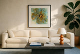 Amber and Leaf I by Chris Paschke. Displayed in a glass frame with matte in a clean modern living room. Available as an archival giclee rolled canvas, fine art paper, or poster print. SKU 59996a.