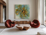 Amber and Leaf I by Chris Paschke. Shown as extra-large giant wall art in a modern living room. Available as an archival giclee rolled canvas, fine art paper, or poster print. SKU 59996a.