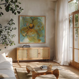 Amber and Leaf II by Chris Paschke. Shown in a natural wood frame in a cozy modern living room. Available as an archival giclee rolled canvas, fine art paper, or poster print. SKU 59997a.