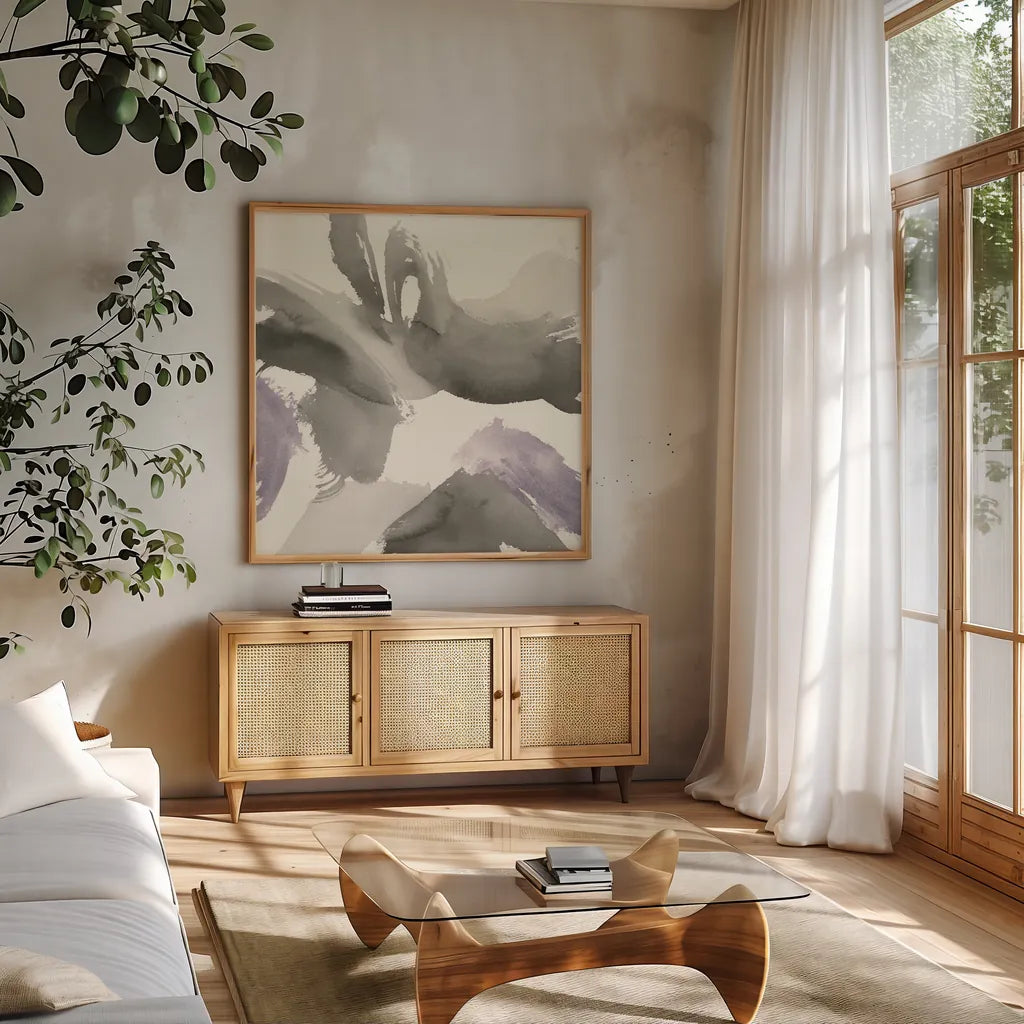 Amethyst Gesture I by Chris Paschke. Shown in a natural wood frame in a cozy modern living room. Available as an archival giclee rolled canvas, fine art paper, or poster print. SKU 44529a.