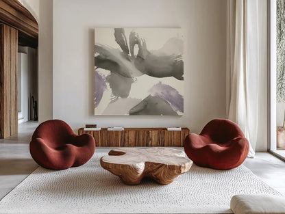 Amethyst Gesture I by Chris Paschke. Shown as extra-large giant wall art in a modern living room. Available as an archival giclee rolled canvas, fine art paper, or poster print. SKU 44529a.