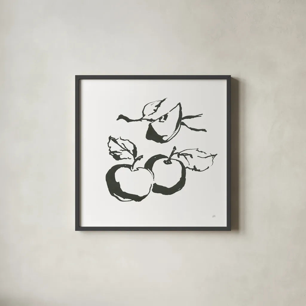 Apples BW by Chris Paschke. Shown in a sleek black glass frame for a contemporary gallery look. Available as an archival giclee rolled canvas, fine art paper, or poster print. SKU 64208a.