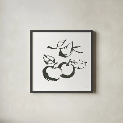 Apples BW by Chris Paschke. Shown in a sleek black glass frame for a contemporary gallery look. Available as an archival giclee rolled canvas, fine art paper, or poster print. SKU 64208a.