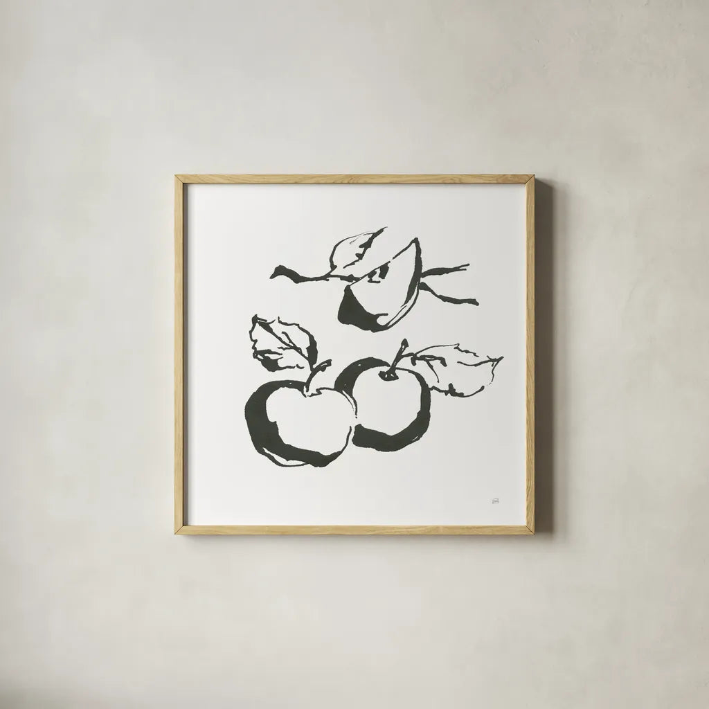 Apples BW by Chris Paschke. Shown in a natural wood glass frame for a timeless modern aesthetic. Available as an archival giclee rolled canvas, fine art paper, or poster print. SKU 64208a.
