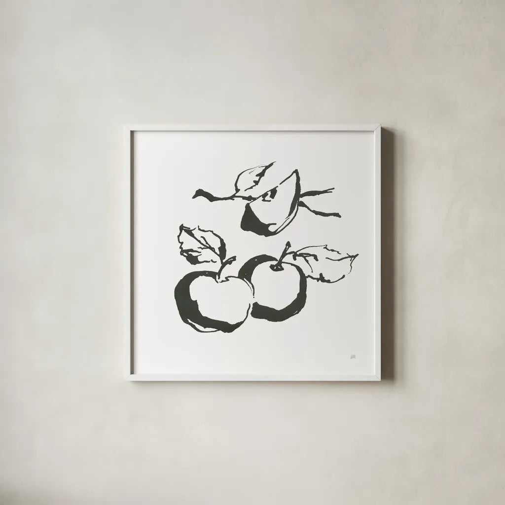 Apples BW by Chris Paschke. Shown in a crisp white glass frame for a clean and minimalist style. Available as an archival giclee rolled canvas, fine art paper, or poster print. SKU 64208a.