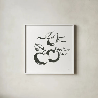 Apples BW by Chris Paschke. Shown in a crisp white glass frame for a clean and minimalist style. Available as an archival giclee rolled canvas, fine art paper, or poster print. SKU 64208a.