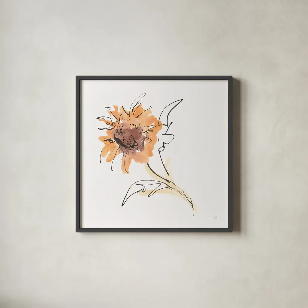 Apricot Sunflower I by Chris Paschke. Shown in a sleek black glass frame for a contemporary gallery look. Available as an archival giclee rolled canvas, fine art paper, or poster print. SKU 91438a.