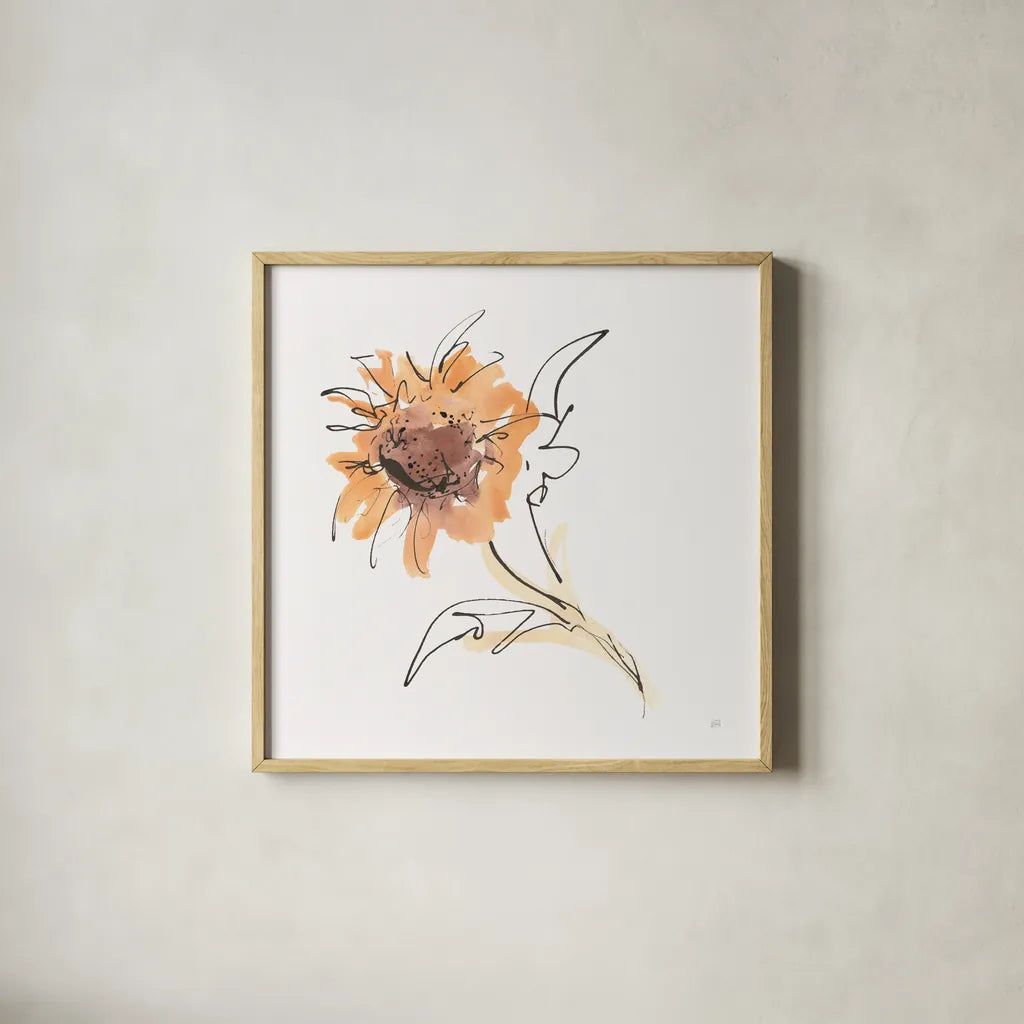 Apricot Sunflower I by Chris Paschke. Shown in a natural wood glass frame for a timeless modern aesthetic. Available as an archival giclee rolled canvas, fine art paper, or poster print. SKU 91438a.