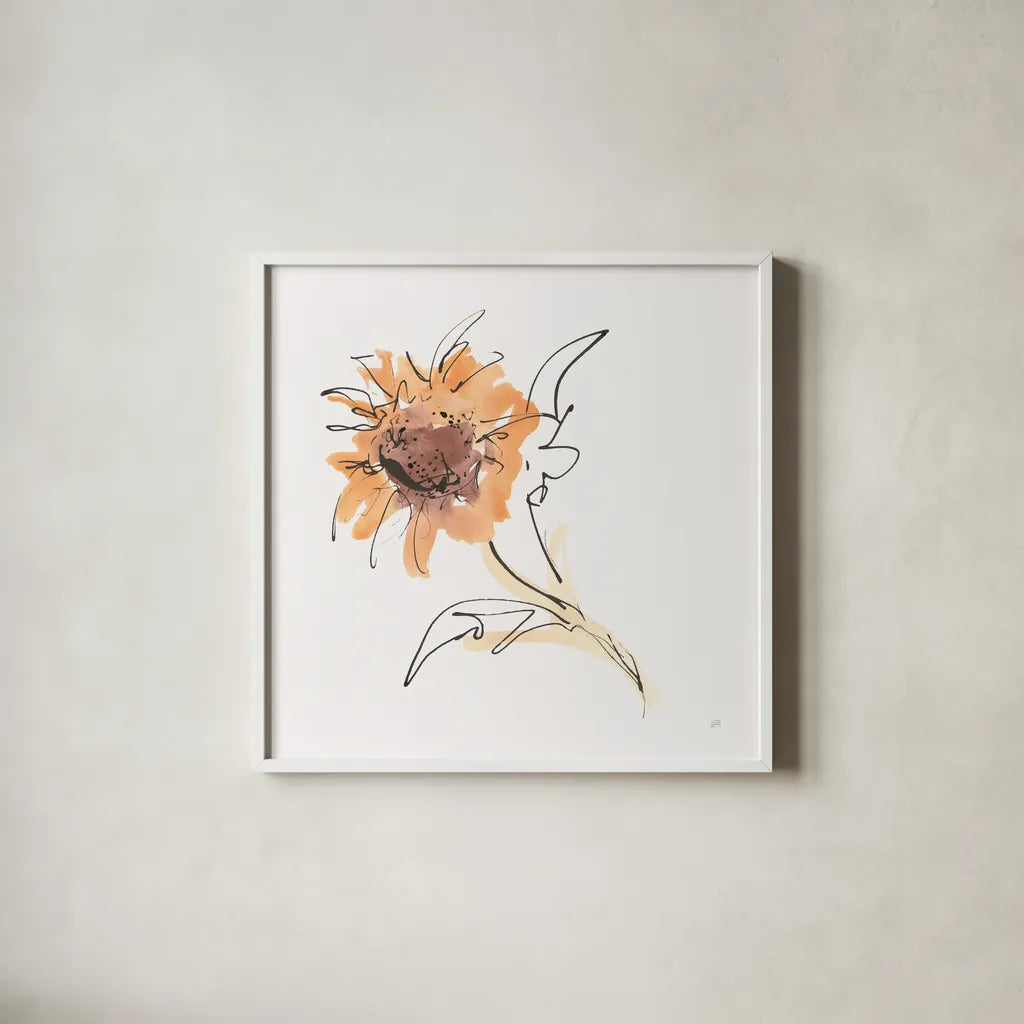 Apricot Sunflower I by Chris Paschke. Shown in a crisp white glass frame for a clean and minimalist style. Available as an archival giclee rolled canvas, fine art paper, or poster print. SKU 91438a.