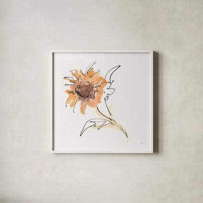Apricot Sunflower I by Chris Paschke. Shown in a crisp white glass frame for a clean and minimalist style. Available as an archival giclee rolled canvas, fine art paper, or poster print. SKU 91438a.