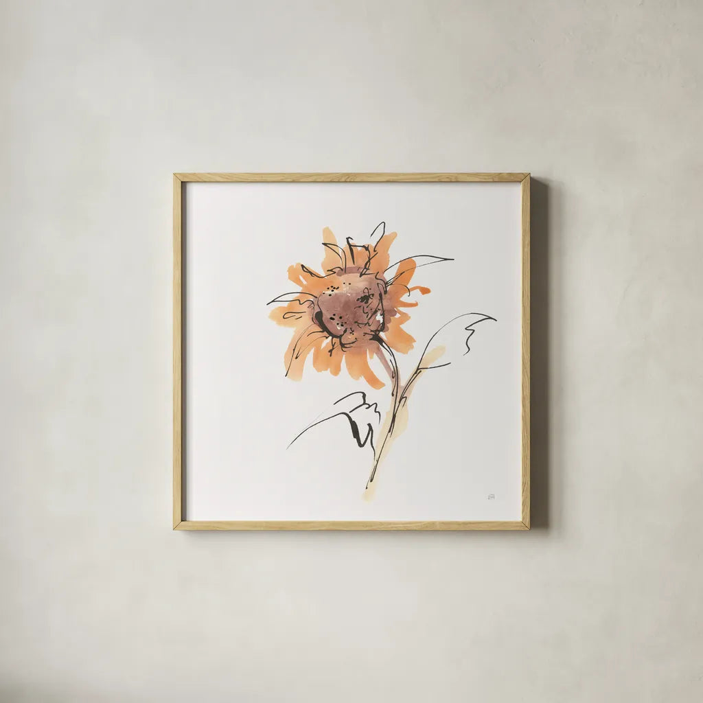 Apricot Sunflower II by Chris Paschke. Shown in a natural wood glass frame for a timeless modern aesthetic. Available as an archival giclee rolled canvas, fine art paper, or poster print. SKU 91439a.