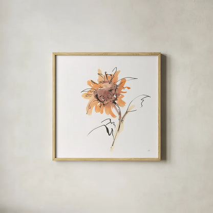 Apricot Sunflower II by Chris Paschke. Shown in a natural wood glass frame for a timeless modern aesthetic. Available as an archival giclee rolled canvas, fine art paper, or poster print. SKU 91439a.