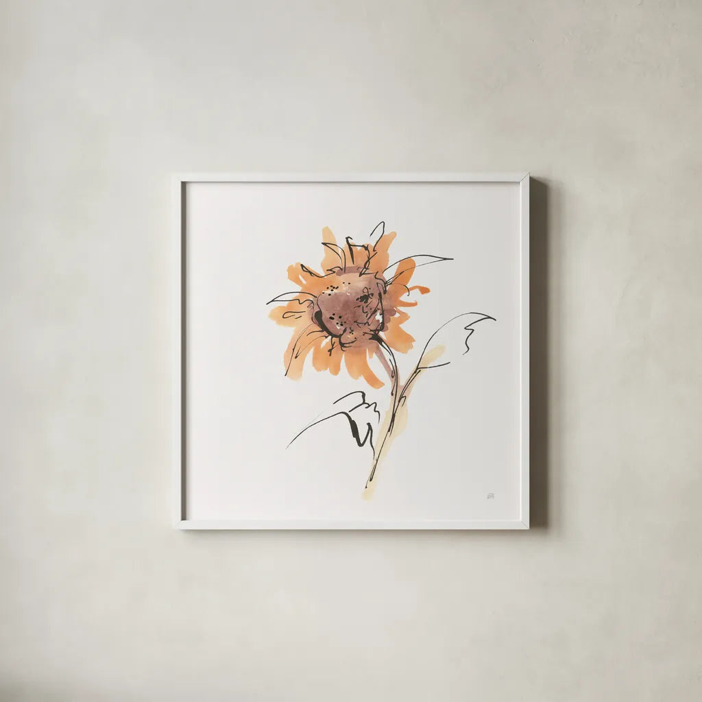 Apricot Sunflower II by Chris Paschke. Shown in a crisp white glass frame for a clean and minimalist style. Available as an archival giclee rolled canvas, fine art paper, or poster print. SKU 91439a.