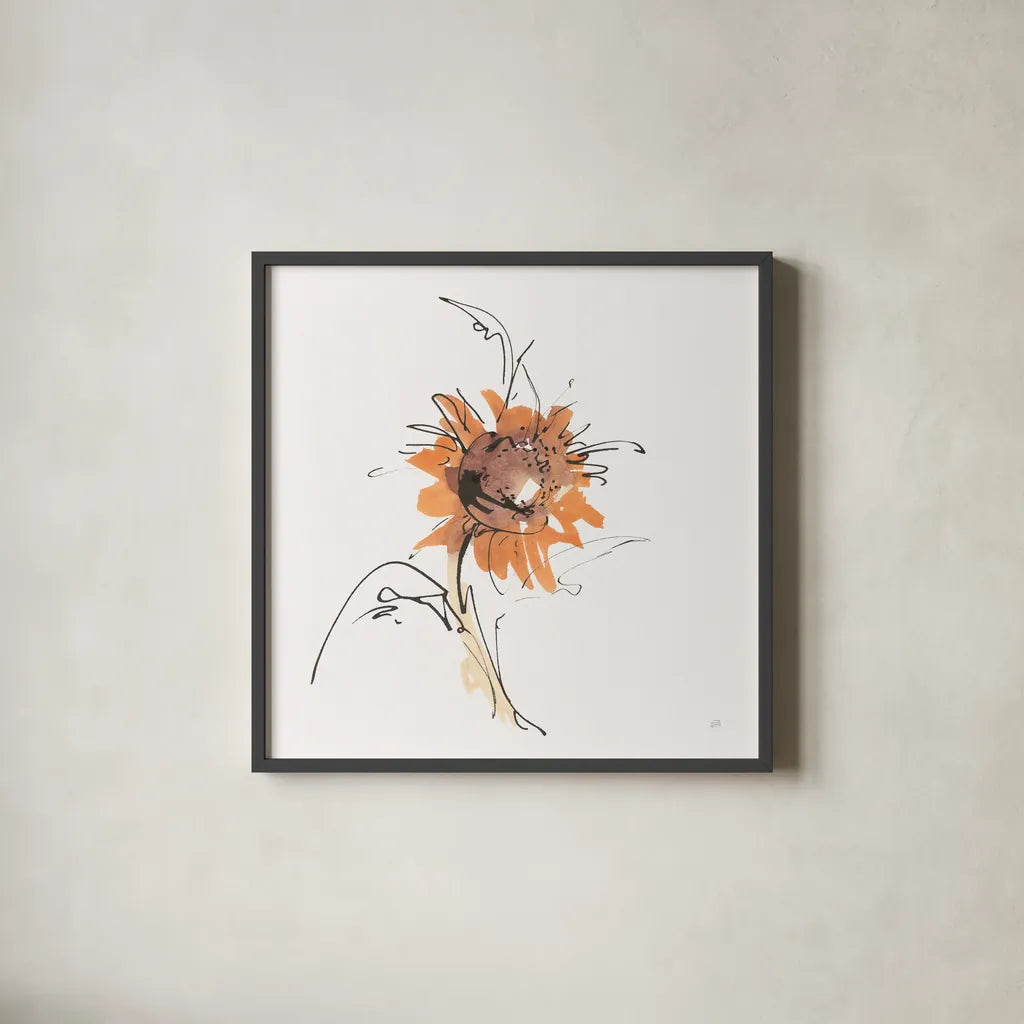 Apricot Sunflower IV by Chris Paschke. Shown in a sleek black glass frame for a contemporary gallery look. Available as an archival giclee rolled canvas, fine art paper, or poster print. SKU 91441a.