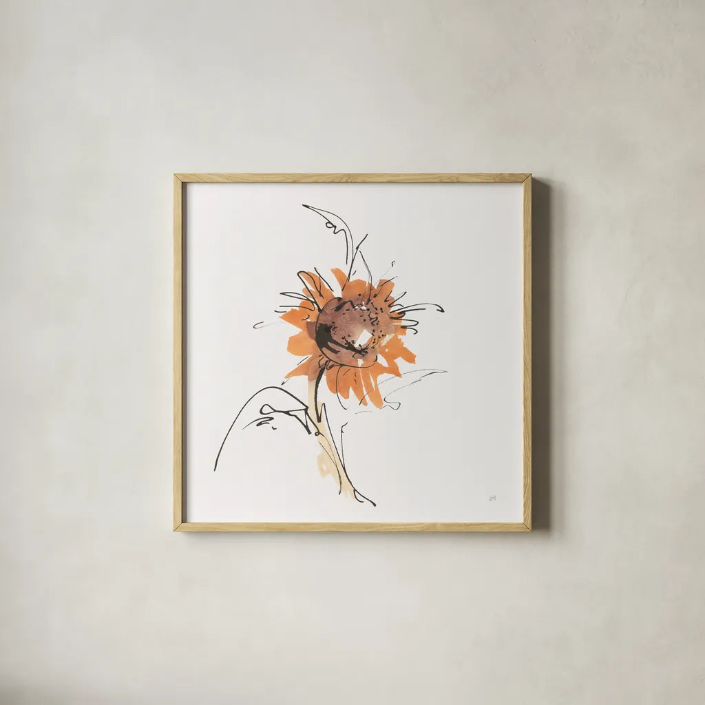 Apricot Sunflower IV by Chris Paschke. Shown in a natural wood glass frame for a timeless modern aesthetic. Available as an archival giclee rolled canvas, fine art paper, or poster print. SKU 91441a.