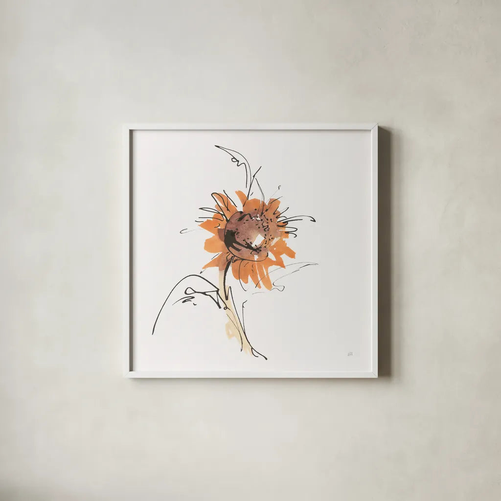 Apricot Sunflower IV by Chris Paschke. Shown in a crisp white glass frame for a clean and minimalist style. Available as an archival giclee rolled canvas, fine art paper, or poster print. SKU 91441a.