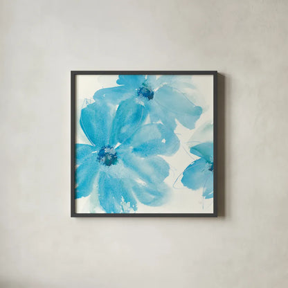 Aqua Mint Clematis I by Chris Paschke. Shown in a sleek black glass frame for a contemporary gallery look. Available as an archival giclee rolled canvas, fine art paper, or poster print. SKU 34002a.