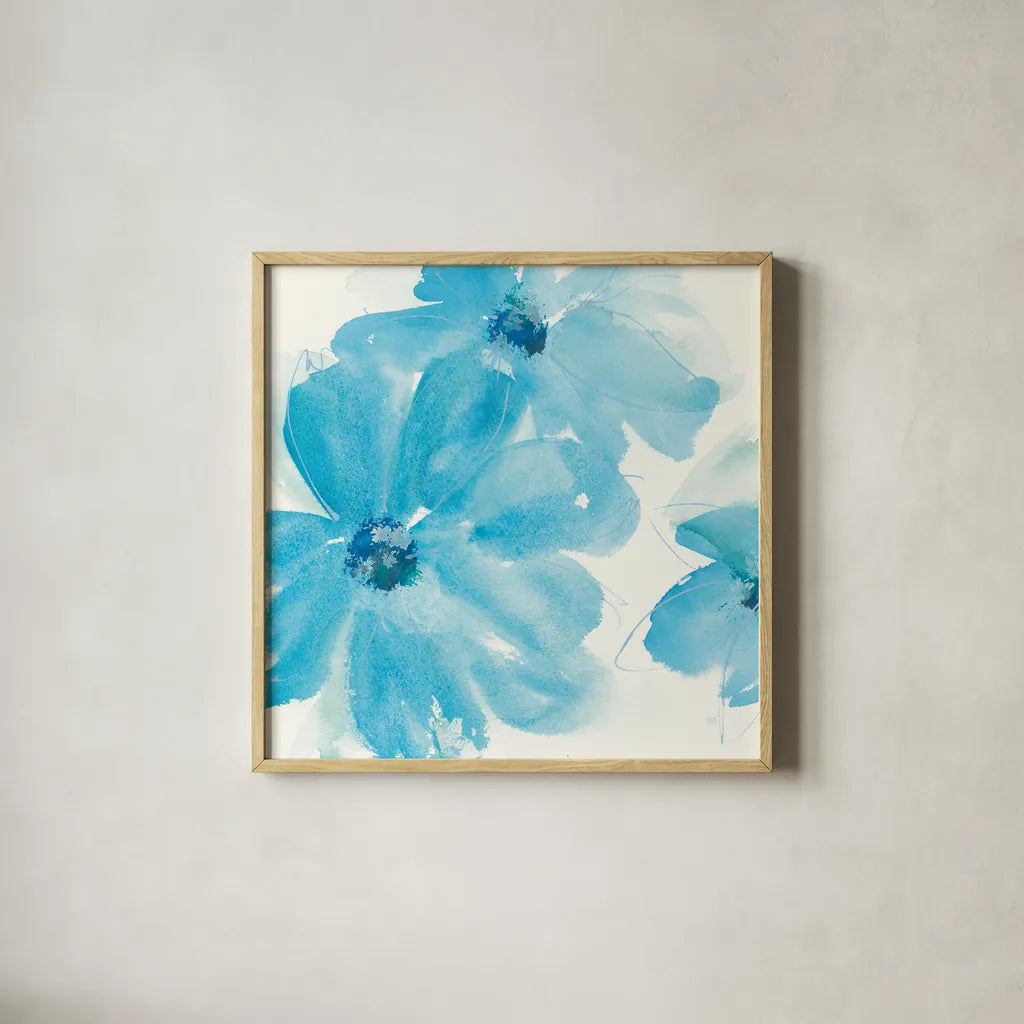 Aqua Mint Clematis I by Chris Paschke. Shown in a natural wood glass frame for a timeless modern aesthetic. Available as an archival giclee rolled canvas, fine art paper, or poster print. SKU 34002a.