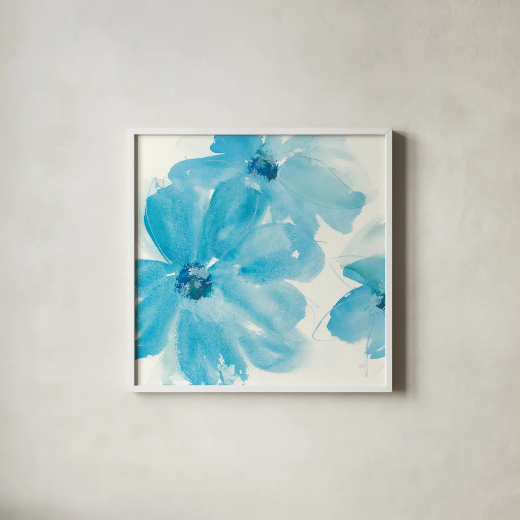 Aqua Mint Clematis I by Chris Paschke. Shown in a crisp white glass frame for a clean and minimalist style. Available as an archival giclee rolled canvas, fine art paper, or poster print. SKU 34002a.