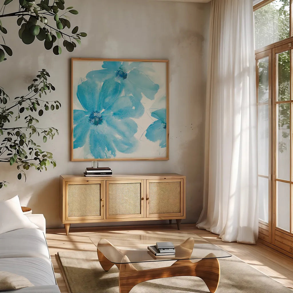 Aqua Mint Clematis I by Chris Paschke. Shown in a natural wood frame in a cozy modern living room. Available as an archival giclee rolled canvas, fine art paper, or poster print. SKU 34002a.