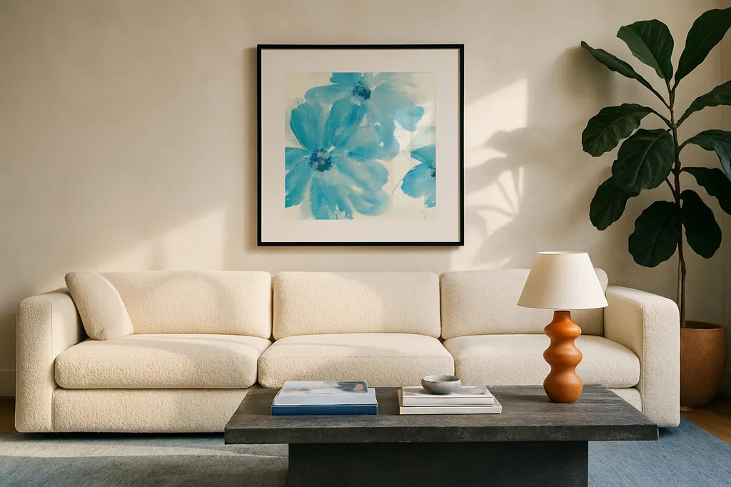 Aqua Mint Clematis I by Chris Paschke. Displayed in a glass frame with matte in a clean modern living room. Available as an archival giclee rolled canvas, fine art paper, or poster print. SKU 34002a.