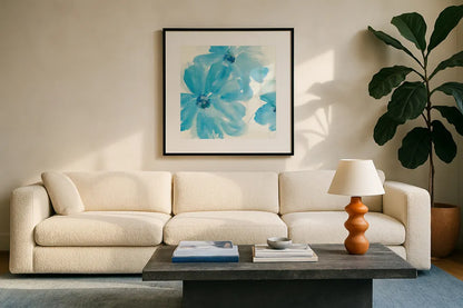 Aqua Mint Clematis I by Chris Paschke. Displayed in a glass frame with matte in a clean modern living room. Available as an archival giclee rolled canvas, fine art paper, or poster print. SKU 34002a.