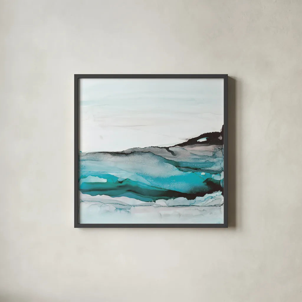 Aquascape I by Chris Paschke. Shown in a sleek black glass frame for a contemporary gallery look. Available as an archival giclee rolled canvas, fine art paper, or poster print. SKU 75106a.