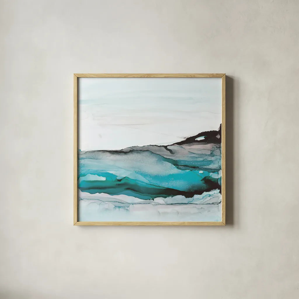 Aquascape I by Chris Paschke. Shown in a natural wood glass frame for a timeless modern aesthetic. Available as an archival giclee rolled canvas, fine art paper, or poster print. SKU 75106a.