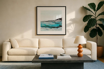 Aquascape I by Chris Paschke. Displayed in a glass frame with matte in a clean modern living room. Available as an archival giclee rolled canvas, fine art paper, or poster print. SKU 75106a.