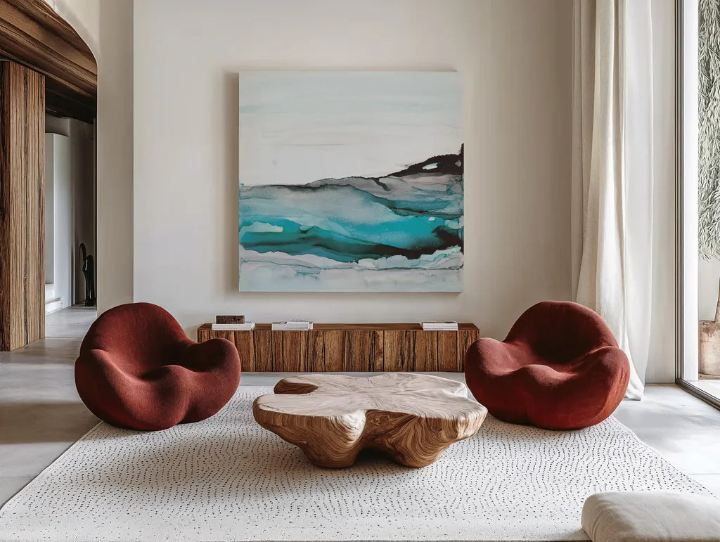 Aquascape I by Chris Paschke. Shown as extra-large giant wall art in a modern living room. Available as an archival giclee rolled canvas, fine art paper, or poster print. SKU 75106a.