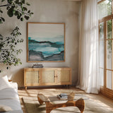 Aquascape II by Chris Paschke. Shown in a natural wood frame in a cozy modern living room. Available as an archival giclee rolled canvas, fine art paper, or poster print. SKU 75107a.