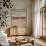 Aquatic Sky I by Chris Paschke. Shown in a natural wood frame in a cozy modern living room. Available as an archival giclee rolled canvas, fine art paper, or poster print. SKU 91460a.