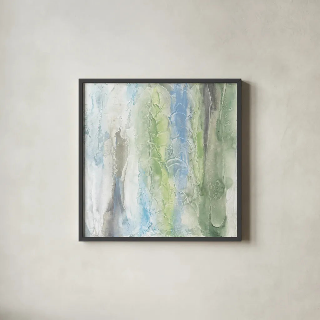 Aquatic and Green I by Chris Paschke. Shown in a sleek black glass frame for a contemporary gallery look. Available as an archival giclee rolled canvas, fine art paper, or poster print. SKU 95460a.