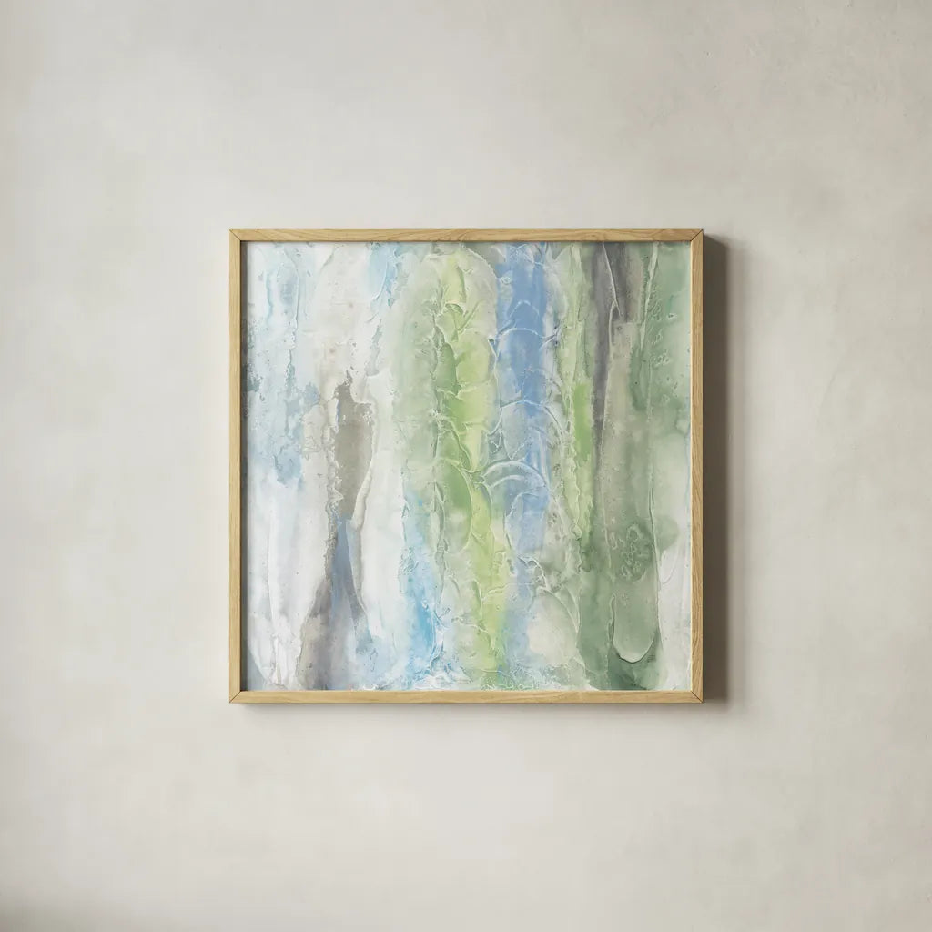 Aquatic and Green I by Chris Paschke. Shown in a natural wood glass frame for a timeless modern aesthetic. Available as an archival giclee rolled canvas, fine art paper, or poster print. SKU 95460a.