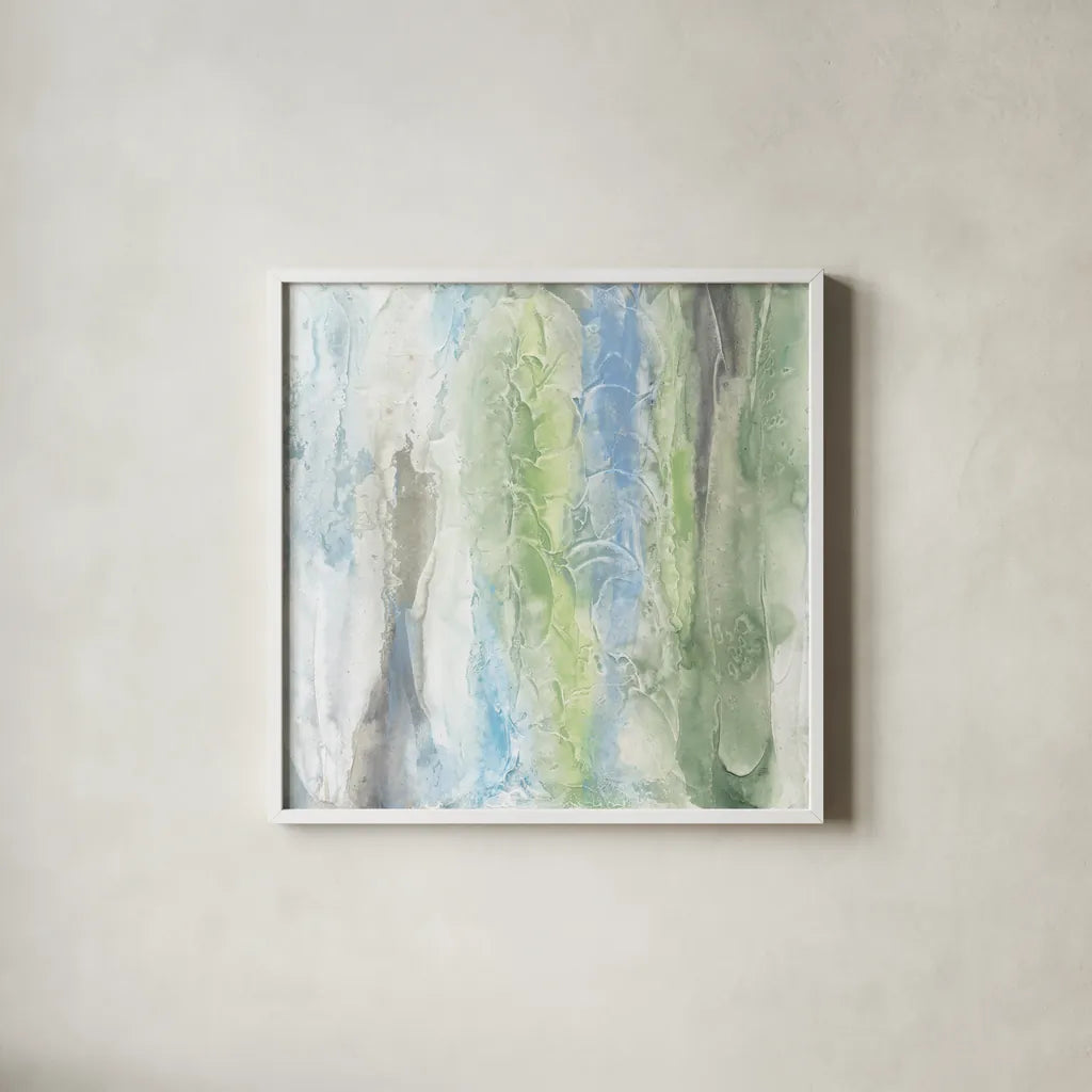 Aquatic and Green I by Chris Paschke. Shown in a crisp white glass frame for a clean and minimalist style. Available as an archival giclee rolled canvas, fine art paper, or poster print. SKU 95460a.