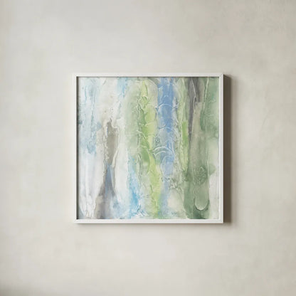 Aquatic and Green I by Chris Paschke. Shown in a crisp white glass frame for a clean and minimalist style. Available as an archival giclee rolled canvas, fine art paper, or poster print. SKU 95460a.